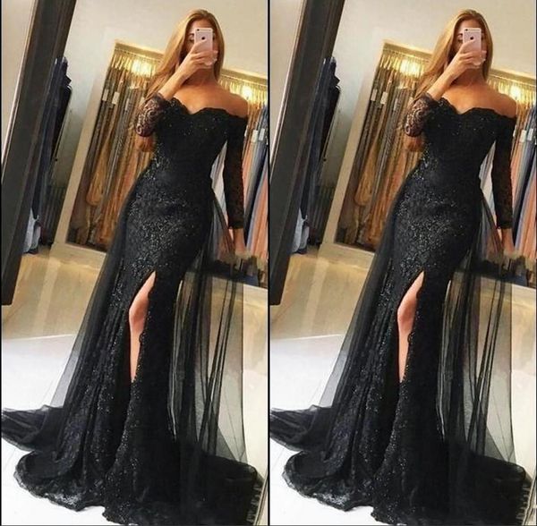 Black Lace Prom Dresses Off Spalla maniche lunghe Mermaid Abiti da sera Sexy Vestito da partito Spalato Sexy Personalizzato