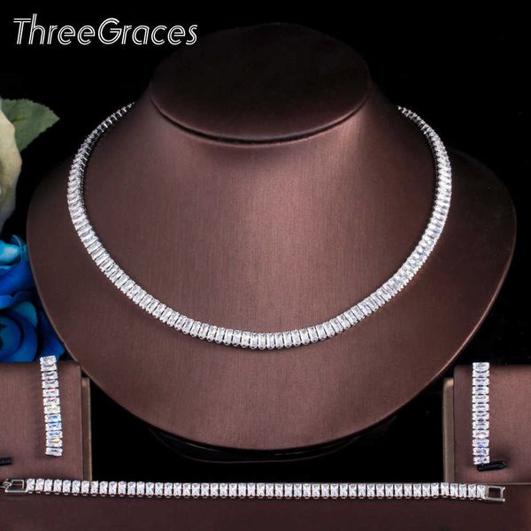 

threegraces classic wedding jewelry sets sparkling baguette cz crystal silver color earrings necklace bracelet for women tz586 h1022