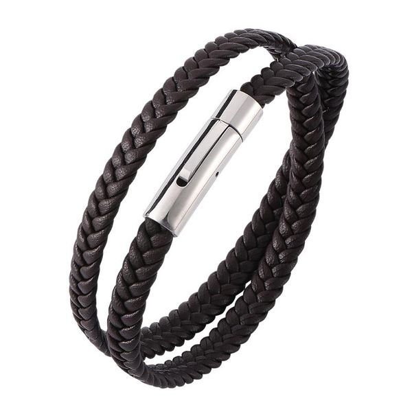 

charm bracelets men's leather brown bracelet two circles hand-woven braid winding titanium steel, Golden;silver