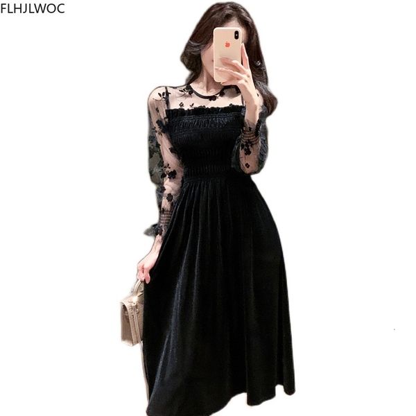 

casual dresses s gentle french style women fashion patchwork flower mesh sheer lantern sleeve elegant black o2520 75rd, Black;gray