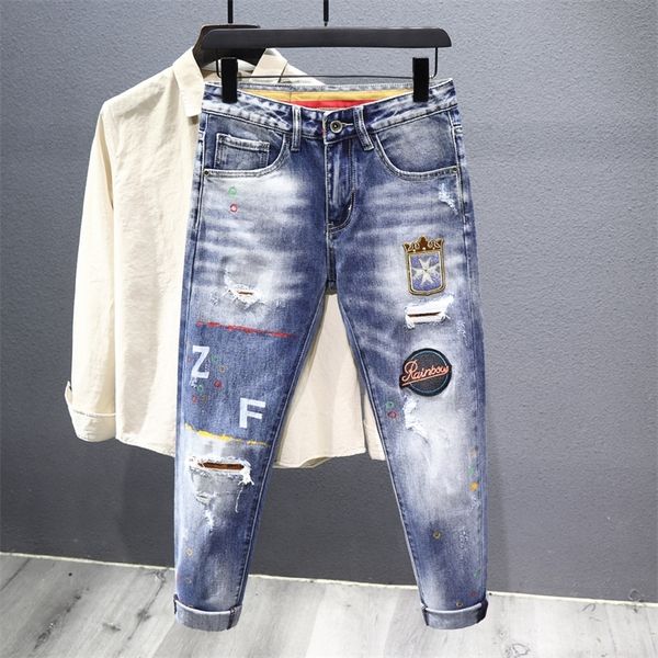 

trendy embroidered patch printed jeans men's autumn 2021 new street made old washed slim pants, Blue