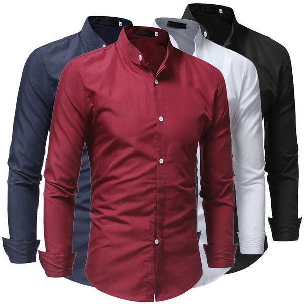 

men's casual shirts mens mandarin collar formal long sleeved shirt men button up blouse camisas black for, White;black