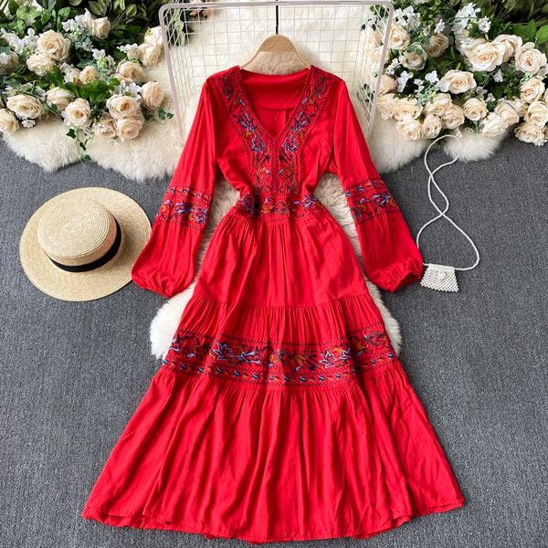 

casual dresses singreiny bohemian embroidery dress women korean retro v neck puff sleeve a-line spring fashion streetwear midi, Black;gray