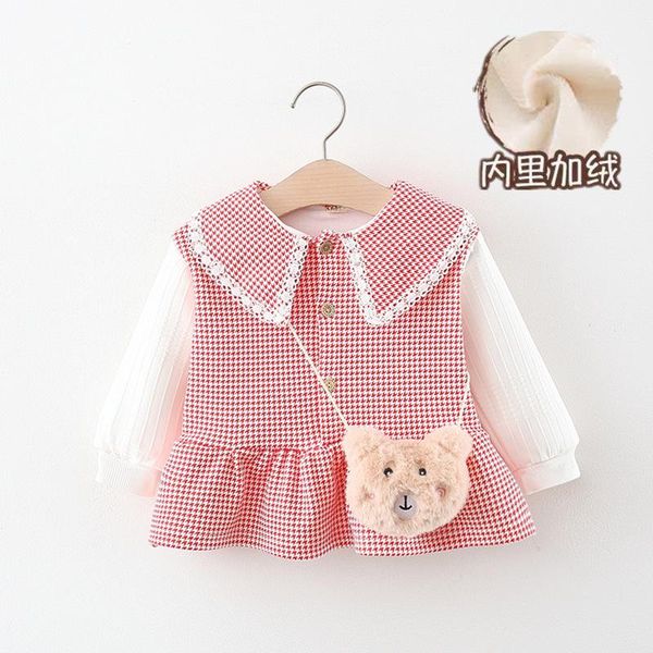 

girl's dresses 2021 winter plaid dress girls' plush thickened lace collar with dog bag, Red;yellow