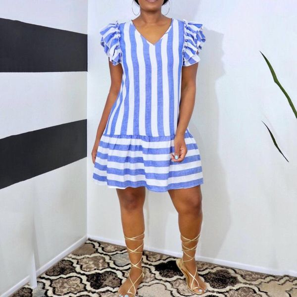 

casual dresses blue striped for women causal asymmetical v neck mini length fashion high street daily wear clothes summer, Black;gray