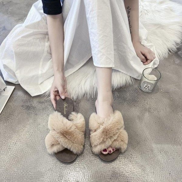 

slippers autumn and winter all-match cross fur for women's outer wear fashion shoes flat sandals, Black