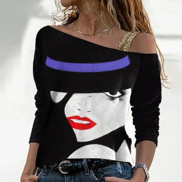 

women's blouses & shirts ladies women skew neck blouse personality print long sleeve off shoulder retro sling t-shirt femme, White