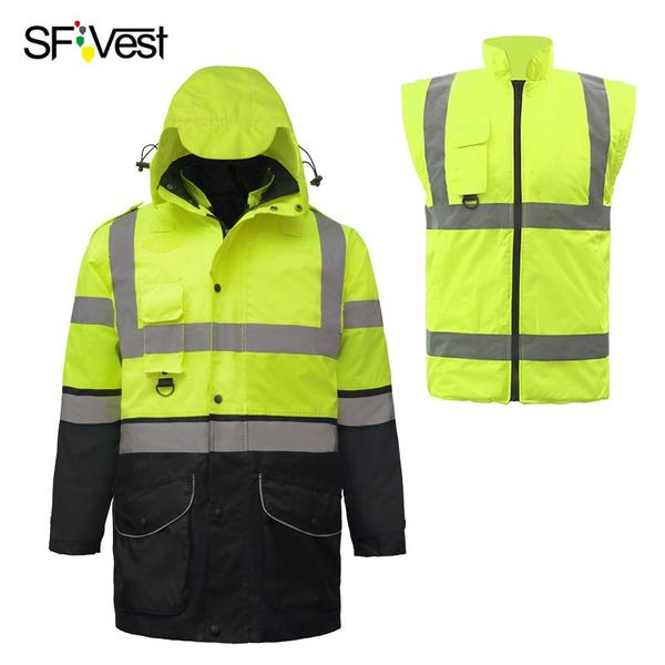 

winter reflective clothing high visibility waterproof windproof warm jacket safety workwear for traffic men's jackets, Black;brown