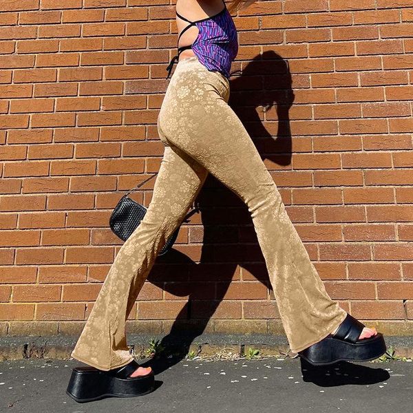 

women's pants & capris 2021 velvet floral print flare women autumn fashion elastic high waist skinny boot cut trousers lady streetwear, Black;white