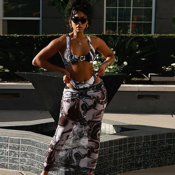 

women's swimwear long summer dress 2021 beach swimsuit women plus sizes cover up nightclub cut backless mesh vest skirt print polyester, White;black