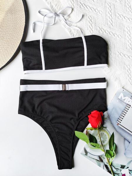 

women's swimwear black and white stitching split swimsuit high waist bikini ladies push-up 2021 beachwear, White;black
