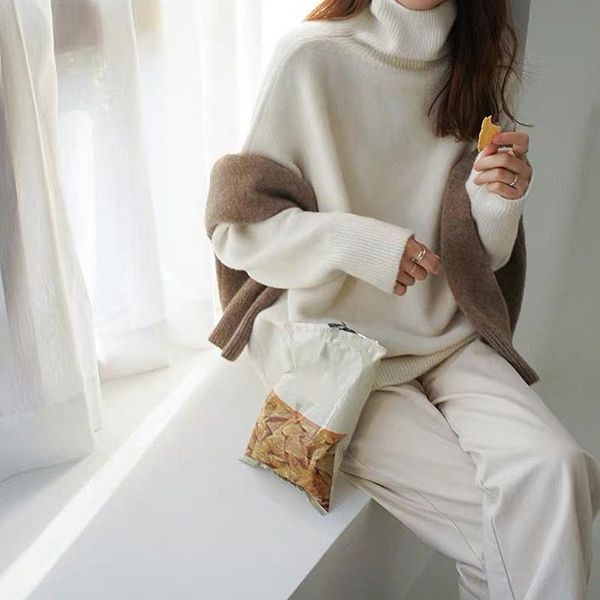 

women's sweaters turtle neck sweater women korean style loose warm knitted pullover 2021 winter outwear female jumpers, White;black