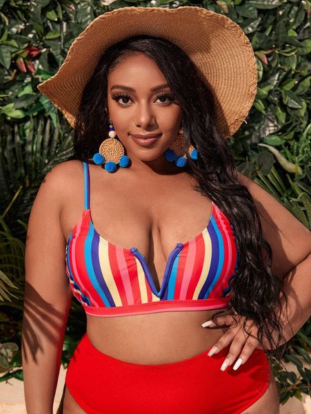 

plus striped v wired bikini 4181#, Black