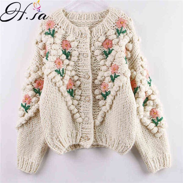 

h.sa women winter handmade sweater and cardigans floral embroidery hollow out chic knit jacket pearl beading cardigans 211217, White;black
