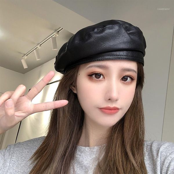

berets autumn and winter female beret pu leather retro versatile painter hat temperament women, Blue;gray