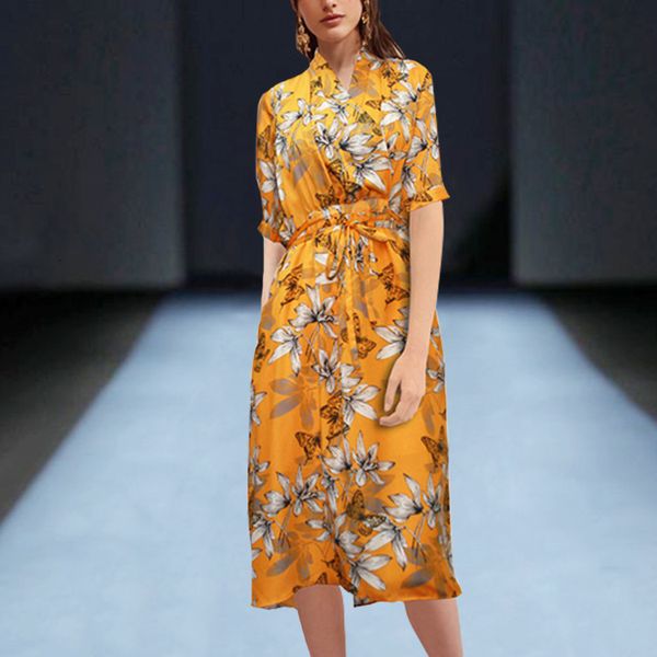 

runway dresses european and american catwalks with fashion yellow print temperament irregular dress belt g52m, Black