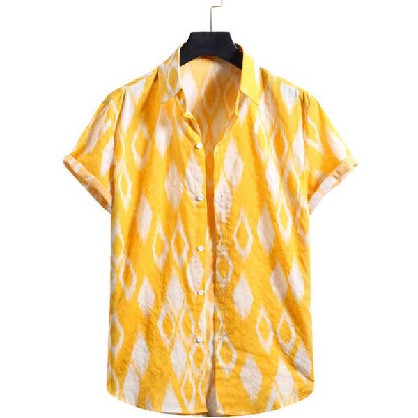 Diamond Print Mens Shirts Manga Curta Patchwork Casual Aloha Camisa Homens Beach Oversize Hawaiian Camisas Verão Brand Camisas 210524