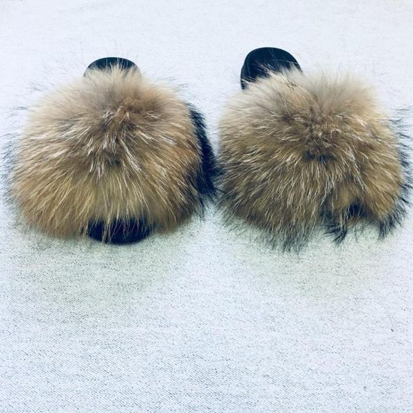 

fluffy sandals luxury indoor slippers extra natural brown real big racoon fur slides, Black