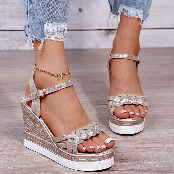 

sandals summer 2021 fashion women bling luxury weave leather platform wedge heel height increasing peep toe shoes ladies whosale, Black
