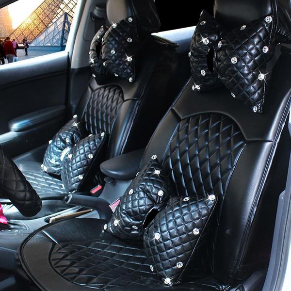 

seat cushions cute diamond bowknot pu leather car neck pillow waist support pillows auto headrest crystal rhinestone accessories for girls