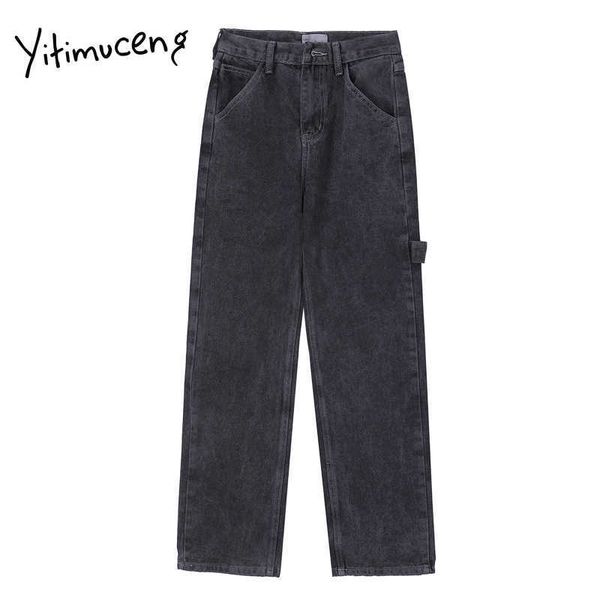 

yitimuceng plus size woman jeans straight pants gray high waisted full length denim wide leg clothes spring fashion streetwear 210601, Blue