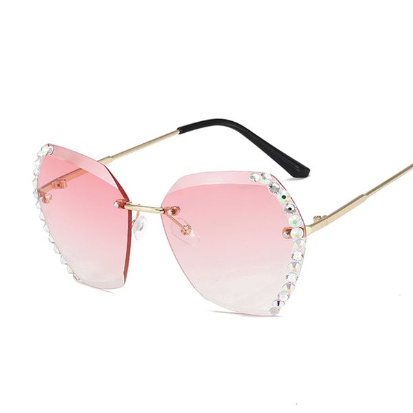 

sunglasses fashion pink rimless women luxury gradient diamond sun glasses female metal frameless polygon big frame oculos de sol, White;black