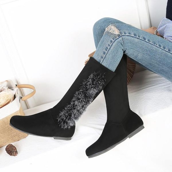 

boots big size - women shoes for ladies side mounted fur mid cylinder flat bottom, Black