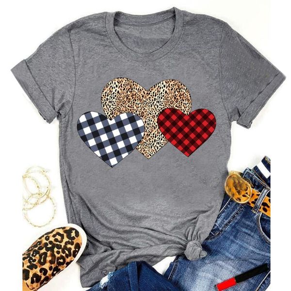

women's t-shirt 2021 summer womens t shirt valentine's day love heart plaid short sleeve blouse tee female clothing camicetta #y1, White