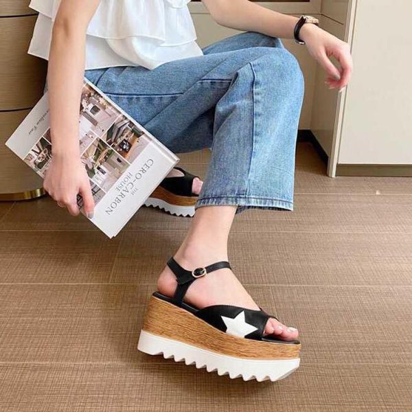 

sandals wedges heel star women summer platform square toe beach shoes open heels white, Black