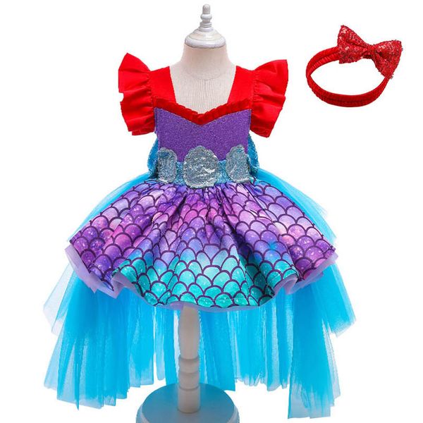 

mermaid girls dresses children dress princess birthday baby kids clothes party evening gown wedding lace bows headbands 2pcs b9026, Red;yellow