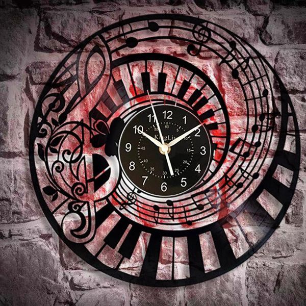 Настенные часы Музыка пианино заметки часы подарки для любовника ретро стиль дома декор (размер: 30 см в диаметре, цвет: черный)