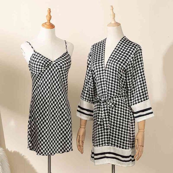 

women's sleepwear houndstooth kimono robe gown women v-neck nightgown summer faux silk satin loungewear wedding bathrobe set, Black;red