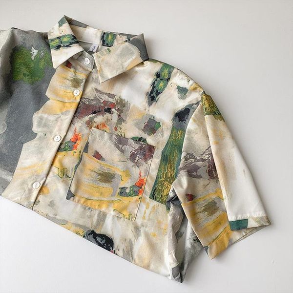 

spring vintage short sleeve women blouses abstract printed pocket loose, White