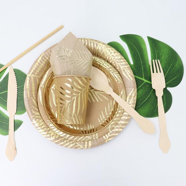 

disposable dinnerware kraft paper tableware set golden colored palm leaf plate cup wedding birthday tropical party decor supplies