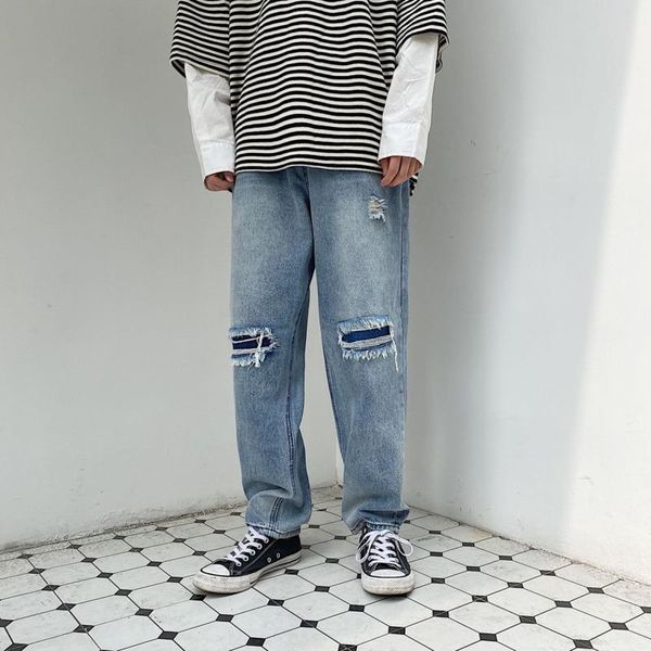 

ripped straight jeans men's fashion washed retro casual hole patch men street wild loose hip hop denim pants mens trousers, Blue