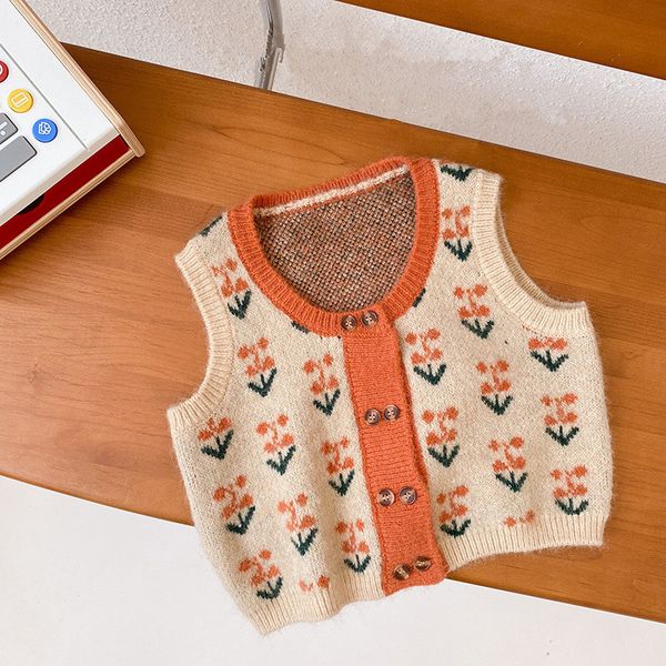 

baby girls cherry knitted vests 2021 autumn korean style sleeveless toddlers kids retro wool waistcoats, Camo