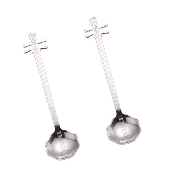 

spoons 2pcs stainless steel coffee musical instrument shape stirring spoon creative tableware gift (octagonal fiddle, silver)