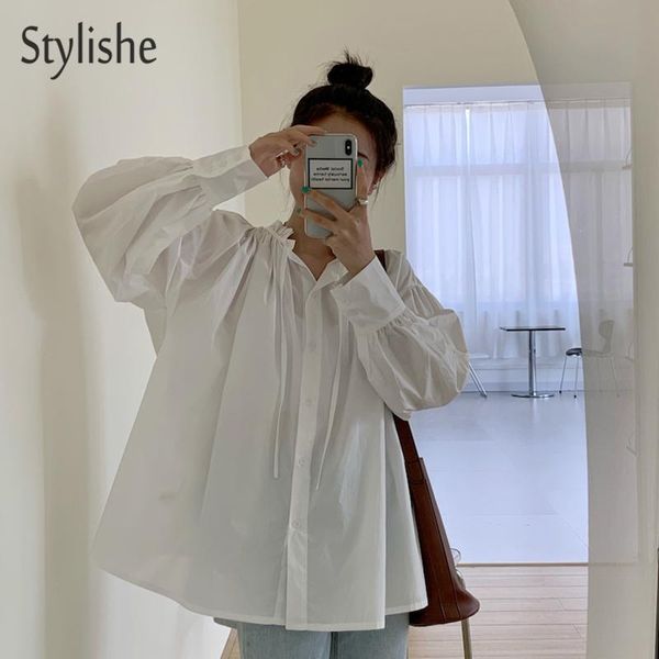 

women's blouses & shirts stylishe lantern sleeve women blouse solid ruffle button long and loose tie white mujer korean tunic