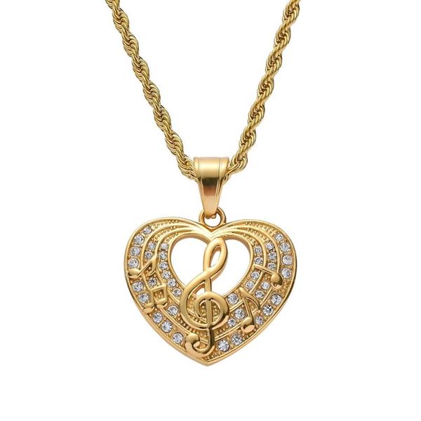 

pendant necklaces stainless steel crystal heart music gold color men women necklace jewelry gift for sn191, Silver