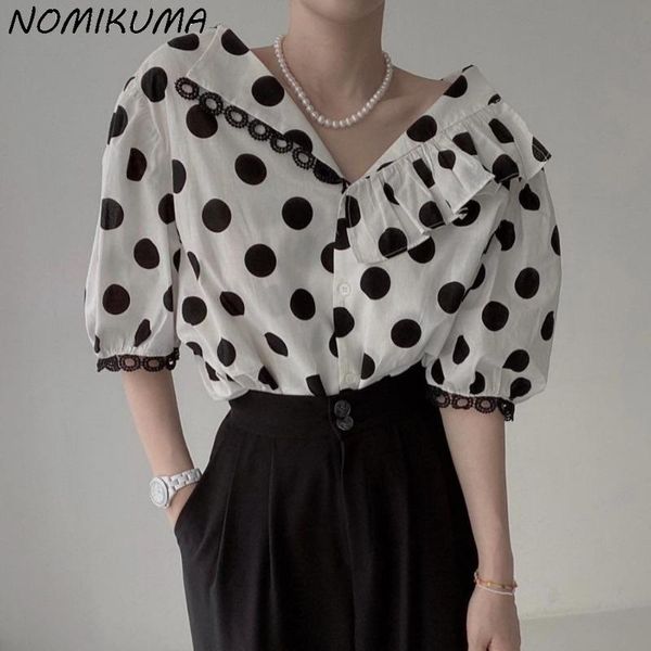

women's blouses & shirts nomikuma korean hit color dot women puff sleeve lace ruffle turn-down collar blusas 2021 fashion blouse 6k779, White
