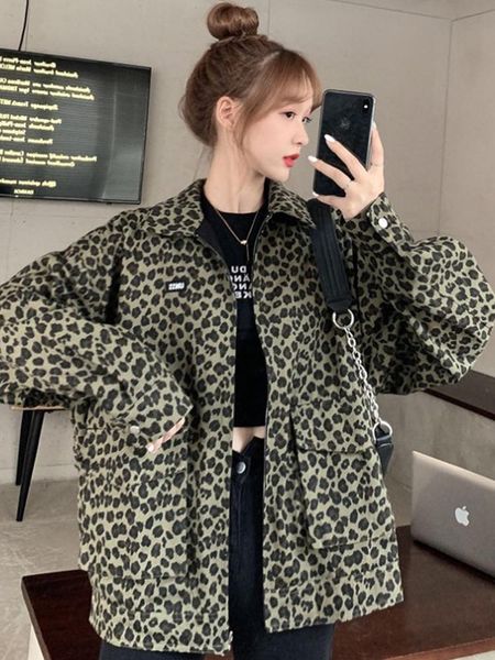 

women's jackets fried street fashion loose two-sided leopard print long sleeve jacket spring hong kong style trend, Black;brown