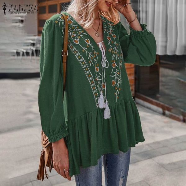 

blouses 2021 fashion floral shirts women's embroidery blouses casual long sleeve blsuas female v neck peplum oversized tunic, White