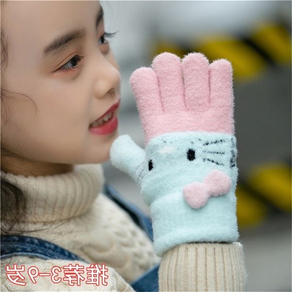 

3-9-year-old children's gloves autumn and winter girls five finger kindergarten pupils outdoor warm lovely cartoon cat, Black