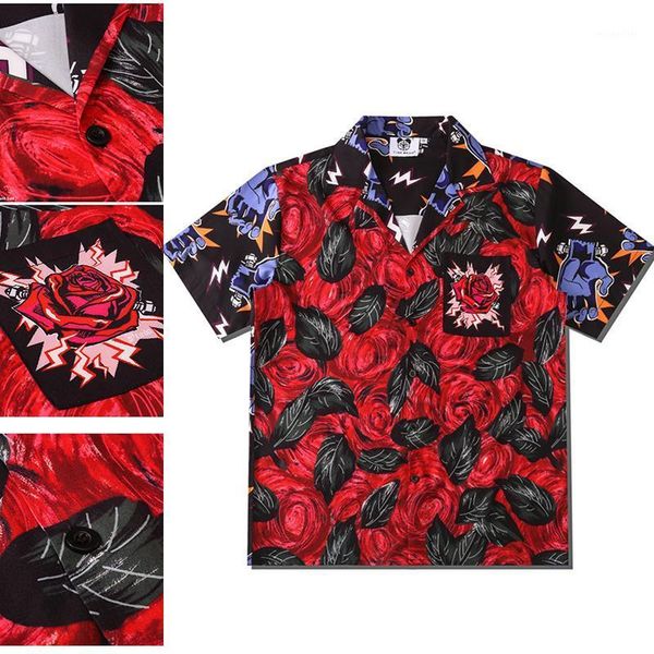 

loose men shirt 2021 men's casual short-sleeved abstract printing summer trendy brand high street shirts, White;black