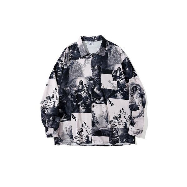 

men's casual shirts tkpa high street portrait oil painting stitching long-sleeved shirt travel couple autumn and winter jacket, White;black