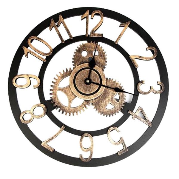

wall clocks home decorative wooden carved clock roman gear quartz analog battery operated, 12h numbers display