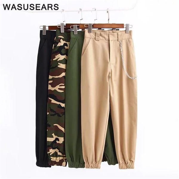 

autumn casual baggy camouflage pants for women beige cargo high waist with pockets female streetwear 2021 chic women's & capris, Black;white