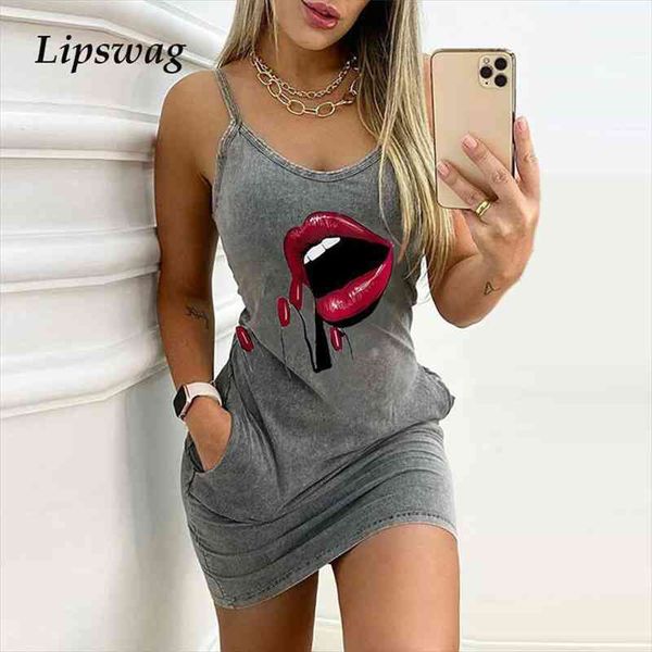 

summer fashion lips print sleeveless womens dress bodycon backless strap mini casual o neck pocket women party, Black;gray