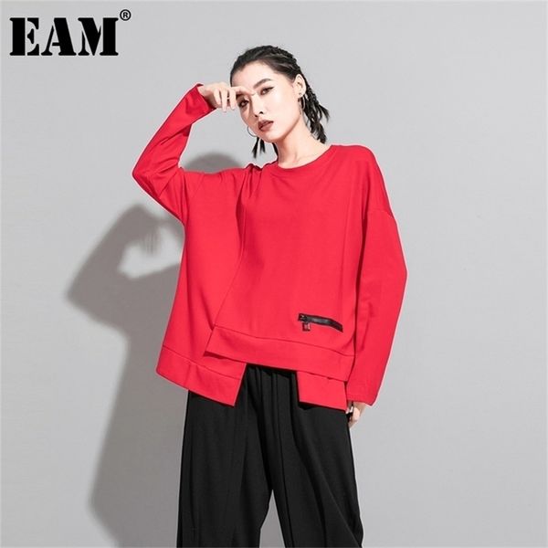 

[eam] women red irregular split joint big size t-shirt new round neck long sleeve fashion tide spring autumn 1da605 210322, White