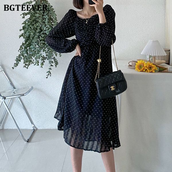 

dresses new casual square collar women polka dots print midi full sleeve slim waist female a-line dress spring vestidos 2021 2rlu, Black;gray